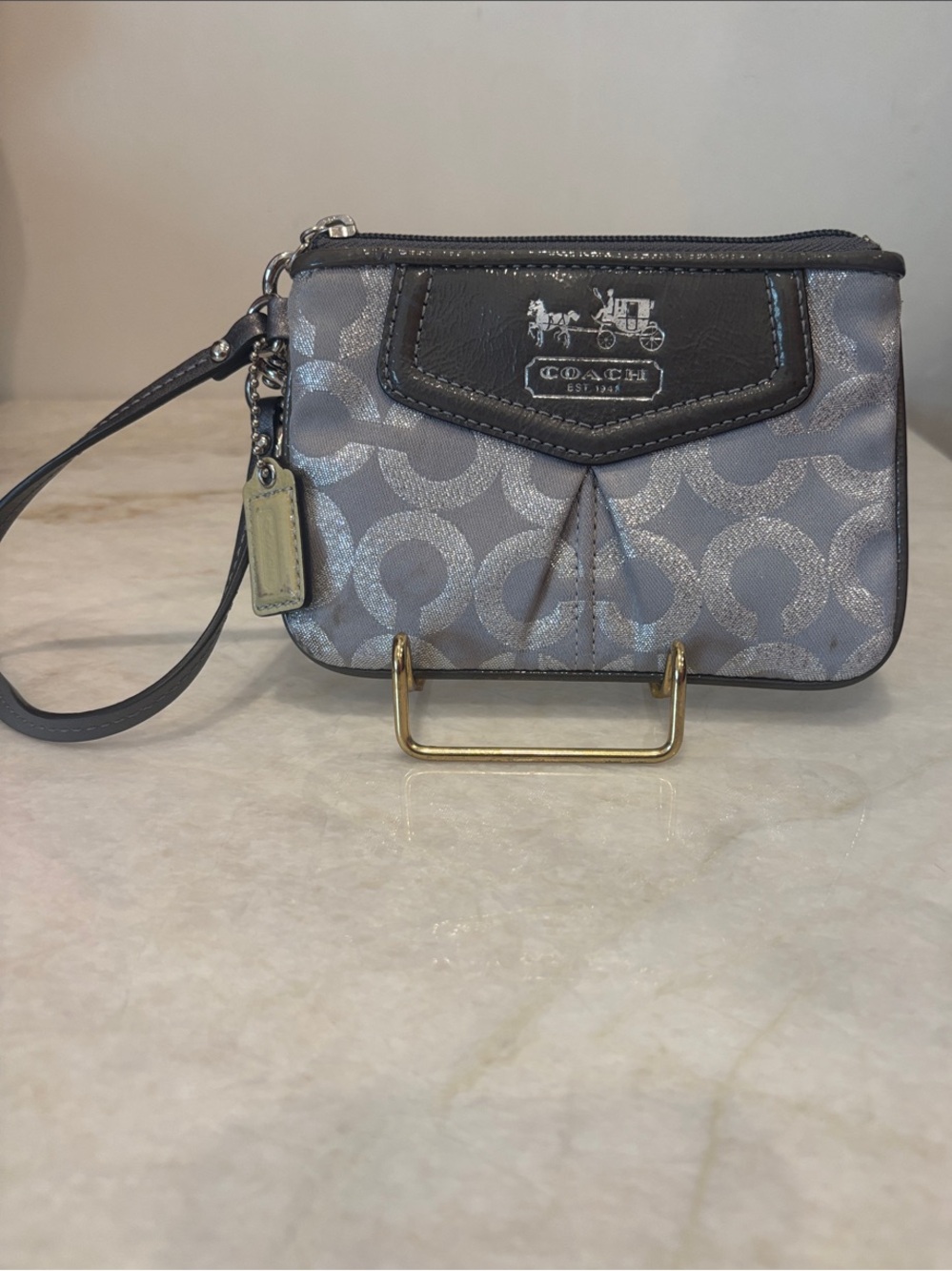 Coach Silver Gray Signature Wristlet with Coach Carriage Emblem
